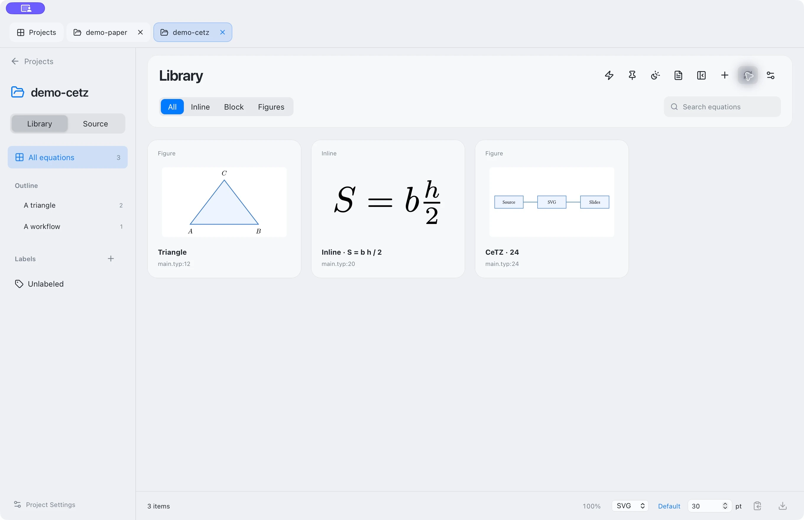 Synthetic CeTZ triangle and workflow diagrams in the Library.