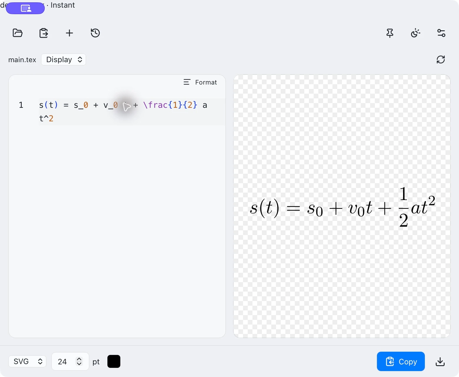 Instant editor with editable mathematics and its rendered preview.