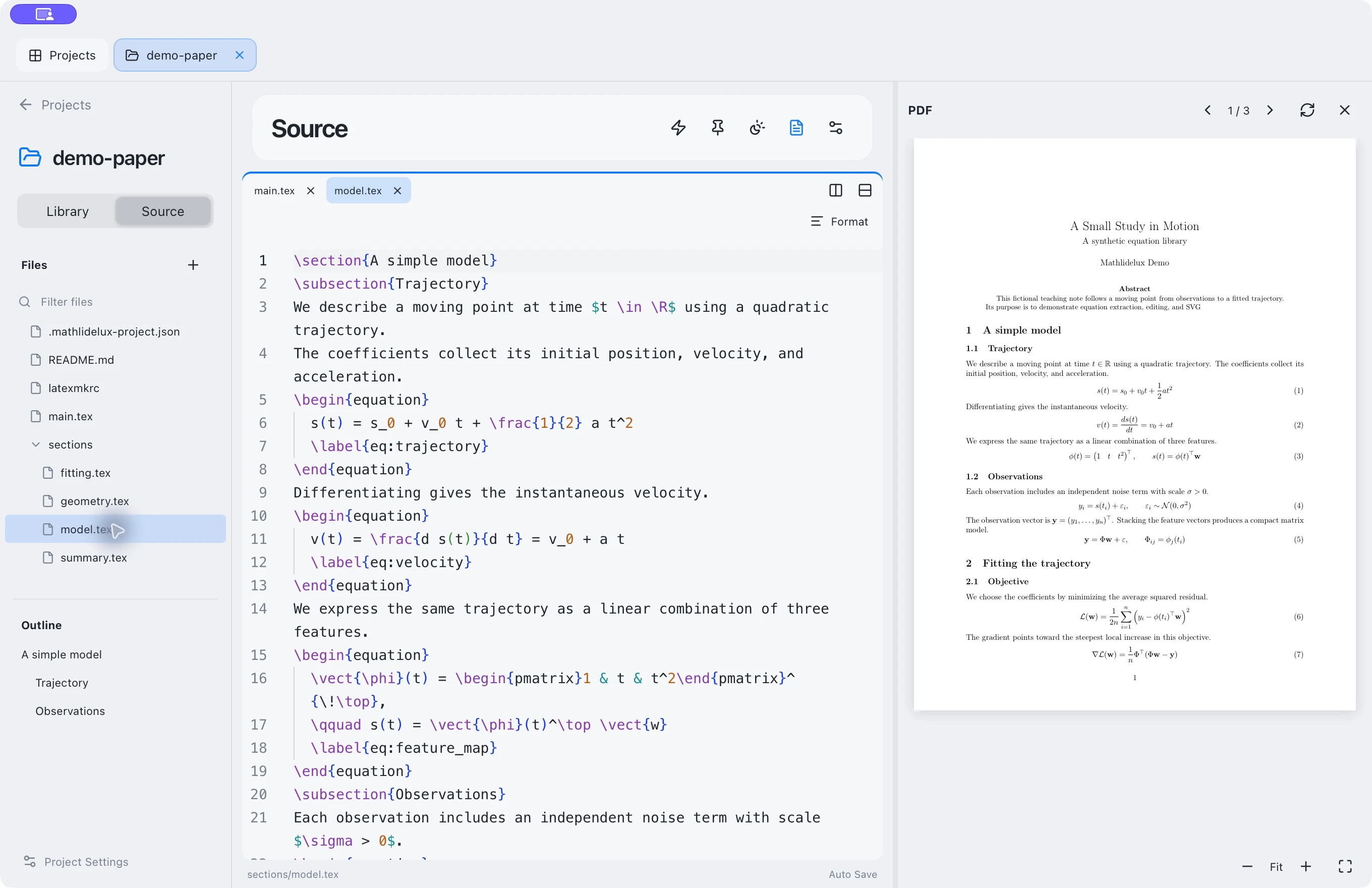 Source editor beside the compiled synthetic paper PDF.