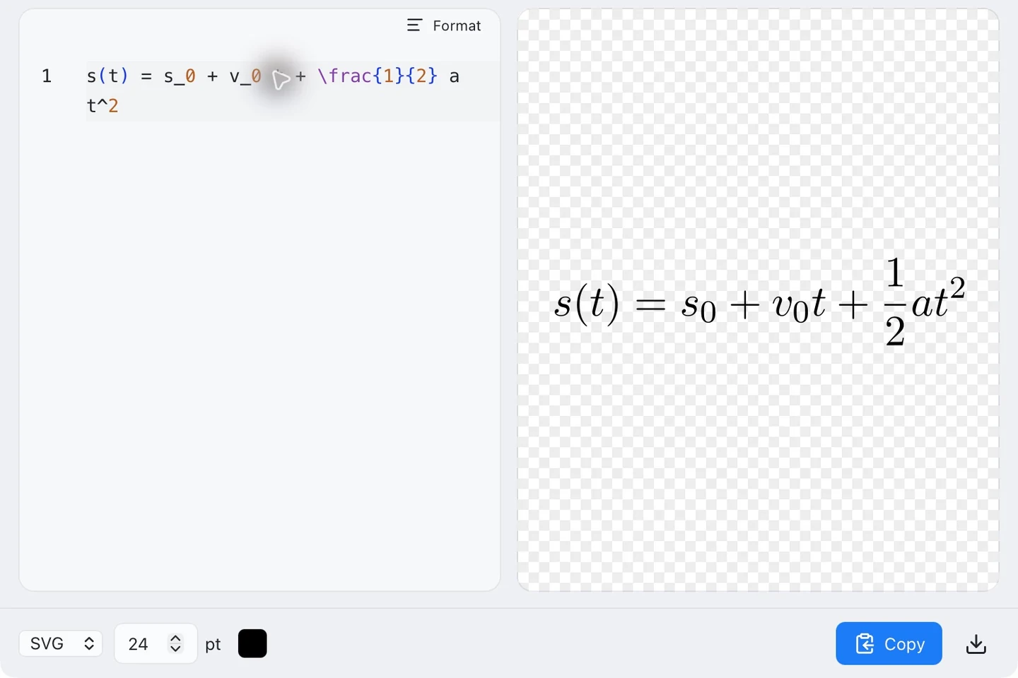 Instant: equation source beside its preview, with size, color, format and Copy controls
