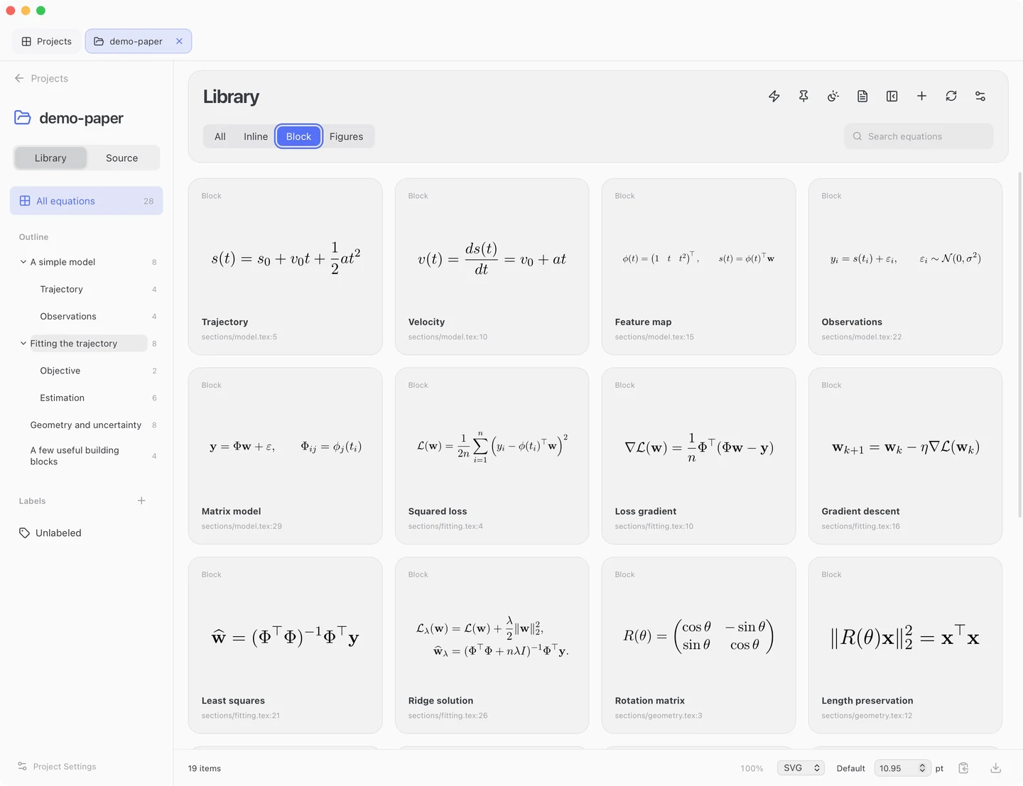 Library: document outline, Block filter, equation cards and output controls