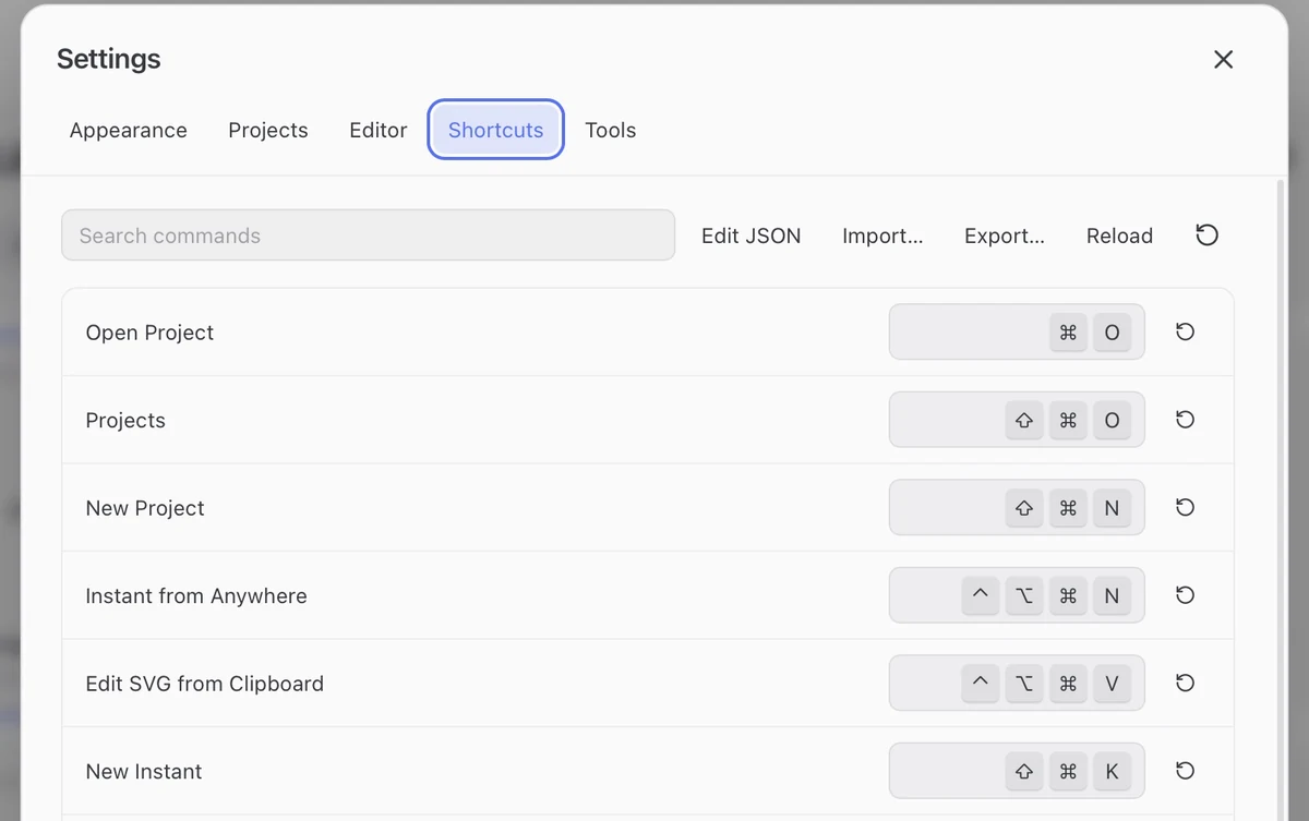 Settings → Shortcuts: command search, editable key assignments, reset buttons, JSON import and export