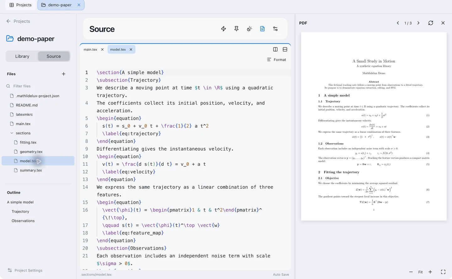 Source files and outline beside the editor and compiled paper PDF