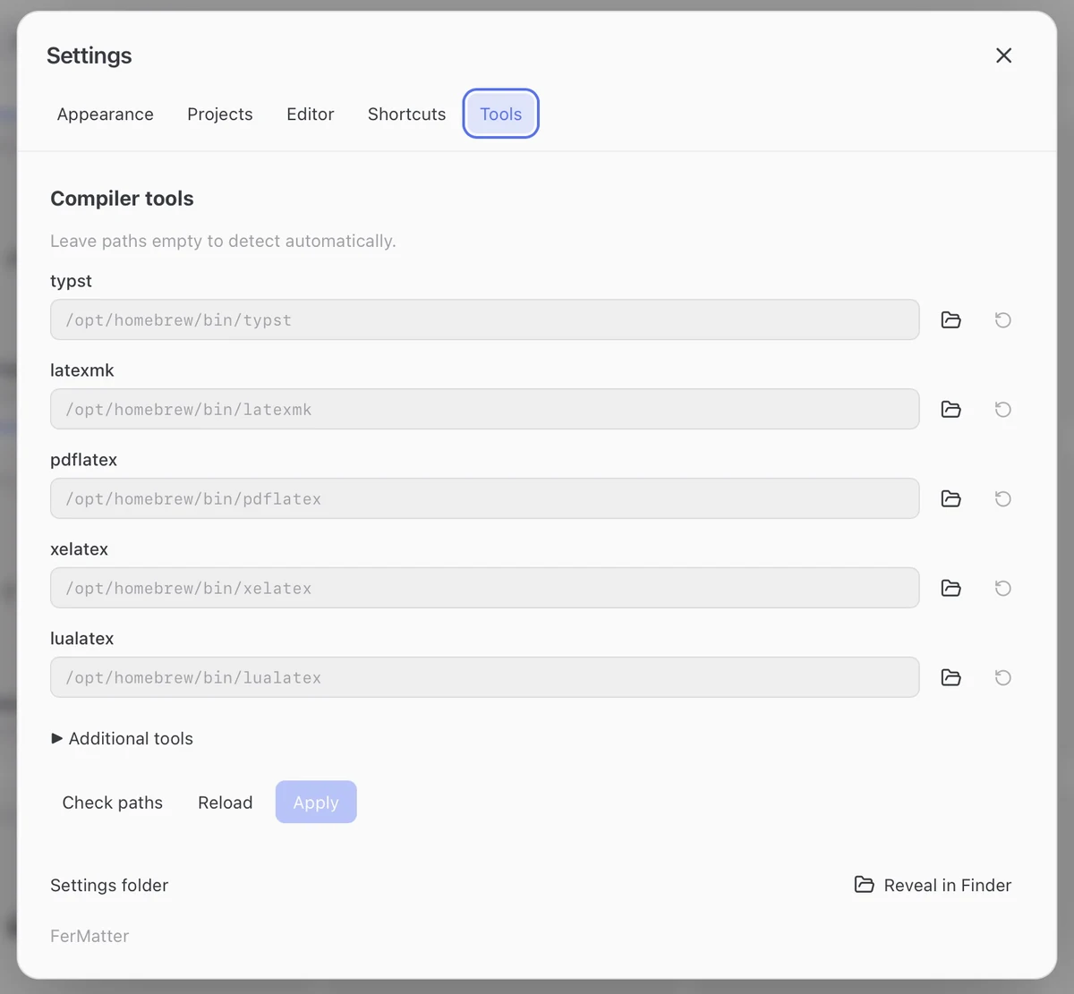Settings → Tools: compiler executable paths, automatic detection, Check paths and Apply